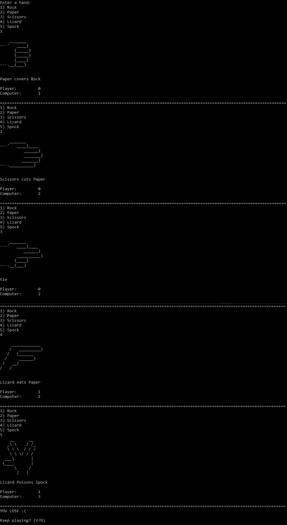 text-based gameplay with ASCII art for hand shapes