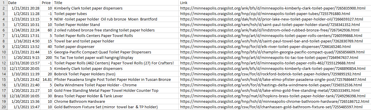 search results in csv format