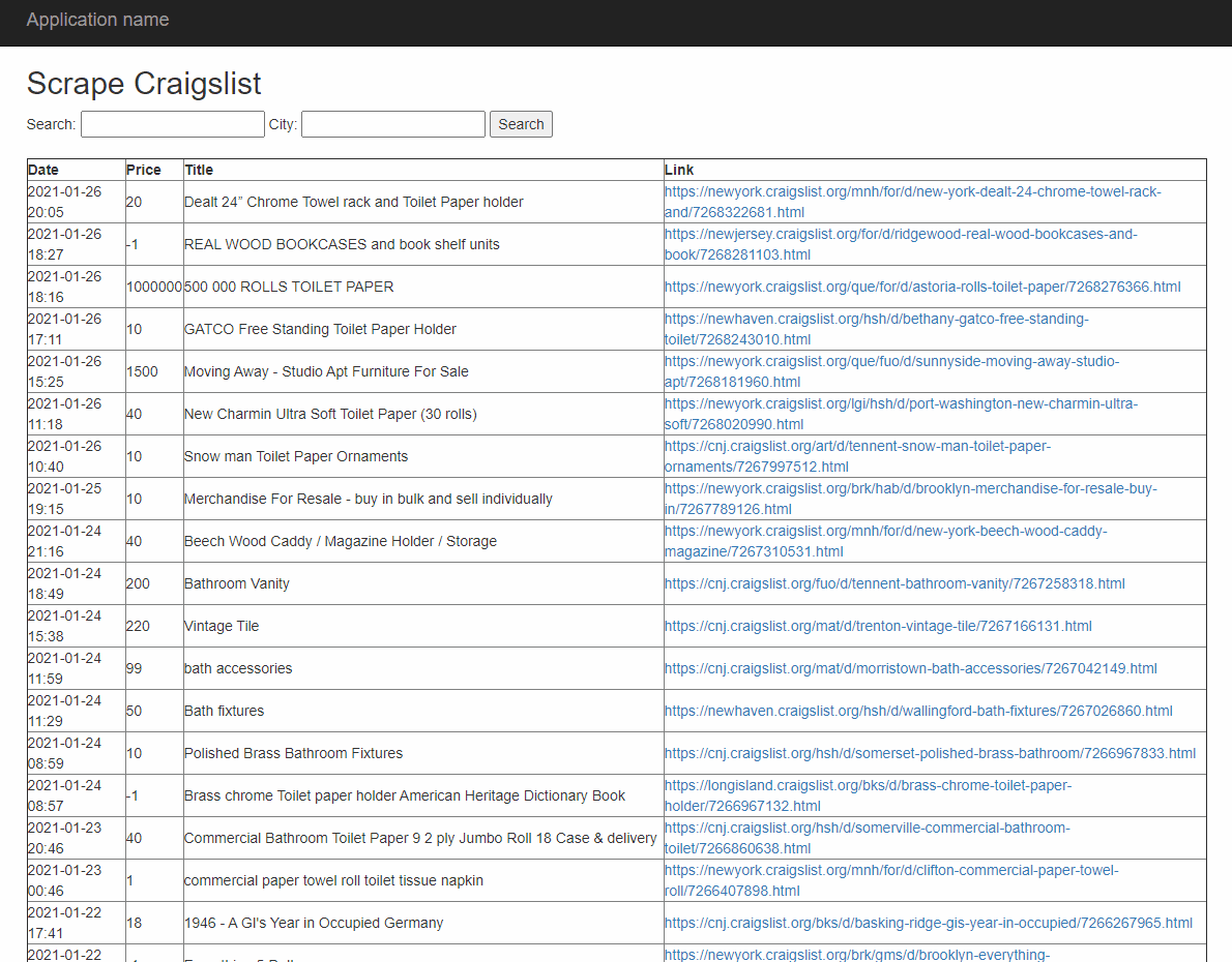 search results in table format